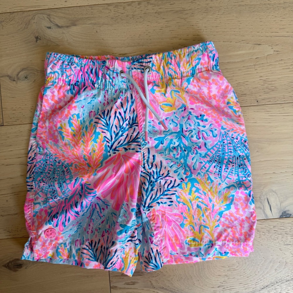 Lilly Pulitzer Boys Junior Capri Trunk Swim Shorts Coral Print Pink Blue XS 2-3